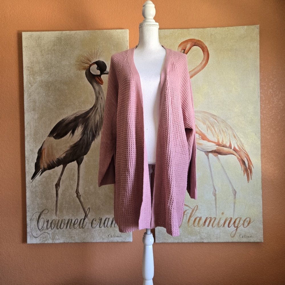 Ellos Open Front Long Knit Cardigan Rose Pink Cozy 2X Sweater